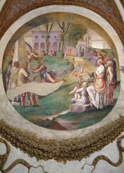 Escena que muestra que aquellos nacidos bajo el signo de Géminis en conjunción con la constelación de la Liebre tienen aptitud para correr rápido, simbolizado por la carrera entre Hipómenes y Atalanta de Giulio Romano